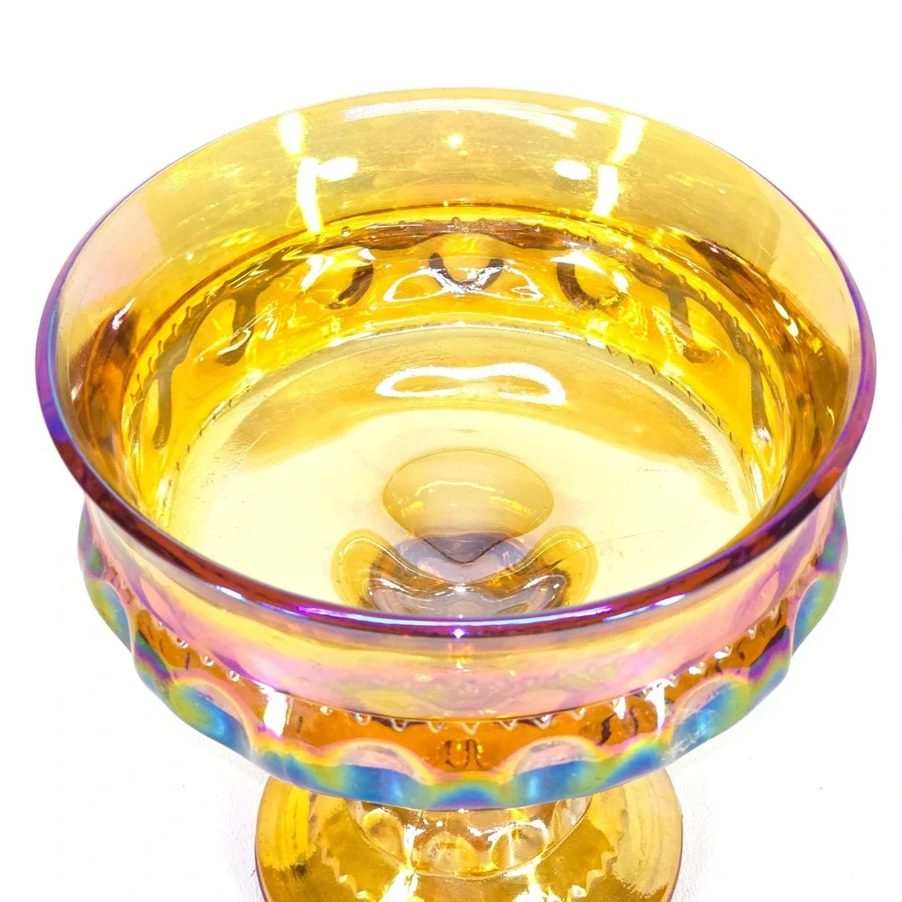 Amber Iridescent Glass Compote‎ Pedestal Dish Vintage Carnival Style Candy Bowl